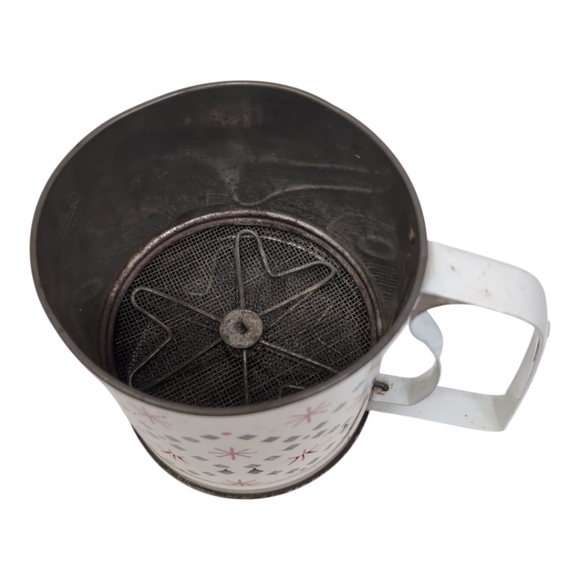 Vintage Atomic Metal Flour Sifter White with Red Black Diamond Pattern - Picture 6 of 13